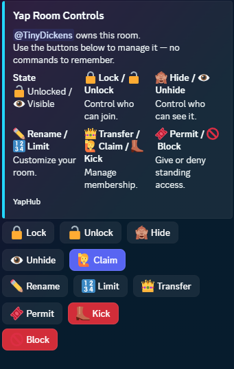YapHub room controls and command buttons